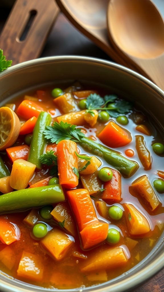A colorful bowl of Sauce Jardinière with green beans, carrots, and peas garnished with parsley.